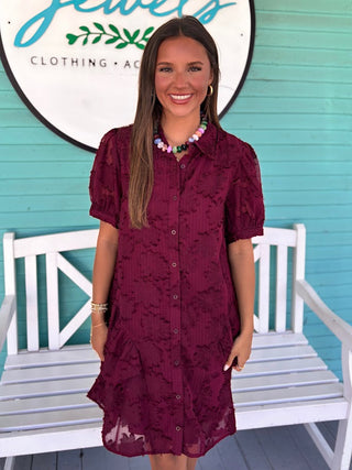 burgundy lace bitton down dress