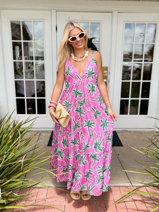 The Lillia Palm Print Midi Dress-Pink