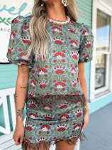teal skirt set with feather trim 