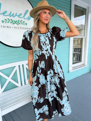 The Betty Floral Dress- Brown/Blue