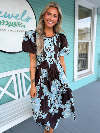 The Betty Floral Dress- Brown/Blue