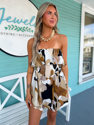 The Flounce Romper- Taupe Black