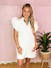 white dress with ruffle sleeves