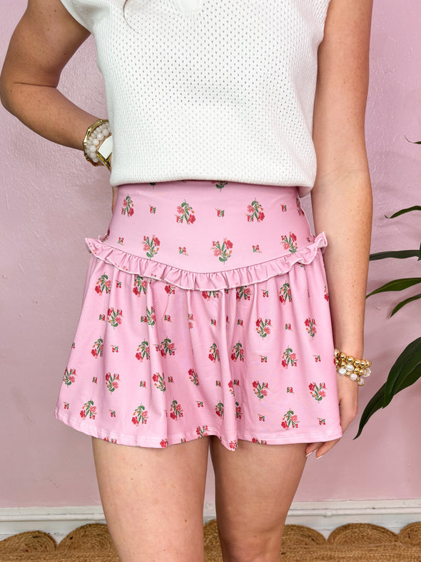 The Ditzy Floral Ruffle Athletic Skirt-Pink
