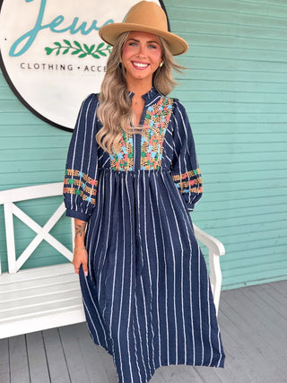 The Kendra Stripe Embroidered Midi Dress-Navy