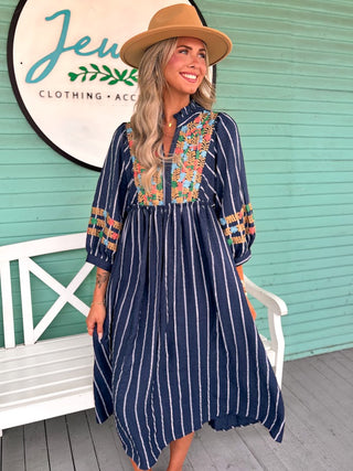 The Kendra Stripe Embroidered Midi Dress-Navy
