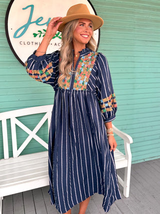 The Kendra Stripe Embroidered Midi Dress-Navy