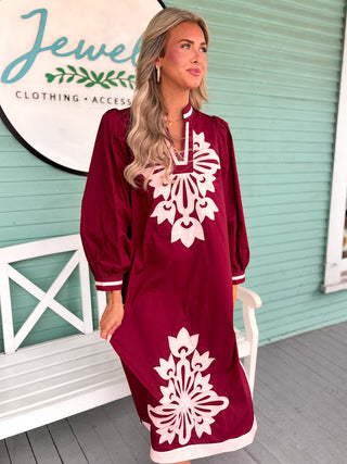 The Christian Embroidered Midi Dress-Burgundy