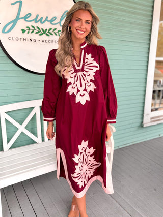 The Christian Embroidered Midi Dress-Burgundy