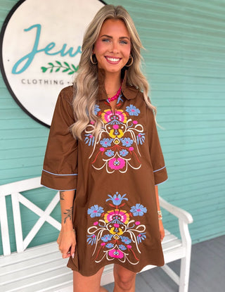The Gigi Embroidered Dress-Brown