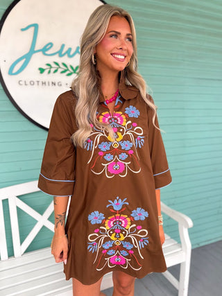 The Gigi Embroidered Dress-Brown