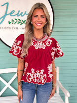 (THML) The Dana Embroidered Top-Burgundy