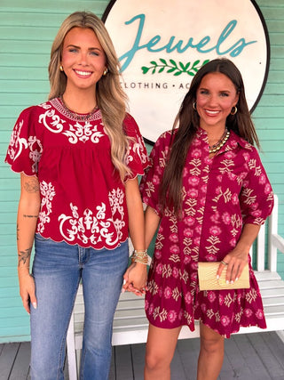(THML) The Dana Embroidered Top-Burgundy