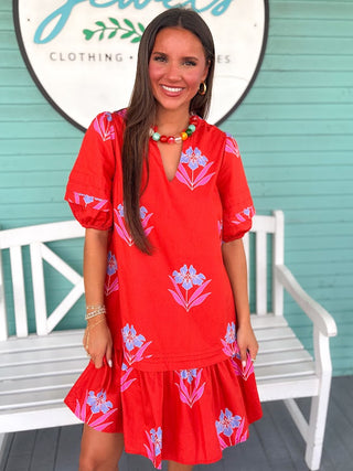 The Reani Floral Ruffle Dress-Red