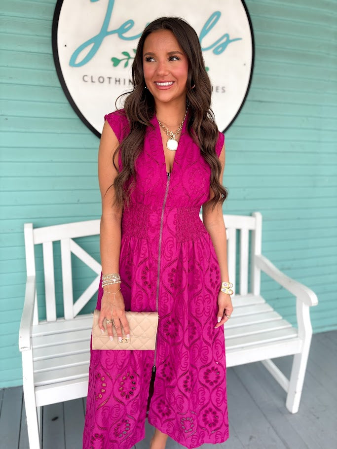 The Marlena Eyelet Zip Midi Dress-Magenta
