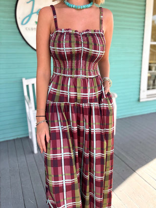 The Lisa Plaid Smocked Midi Dress-Burgundy