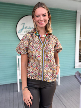 The Printed Puff Sallie Top- Dusty Blue