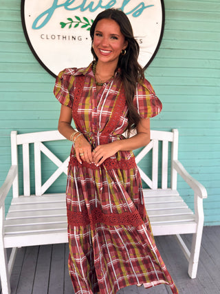 The Griffin Plaid Midi Dress-Rust