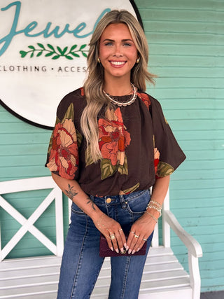 (THML) The Emma Floral Top-Brown