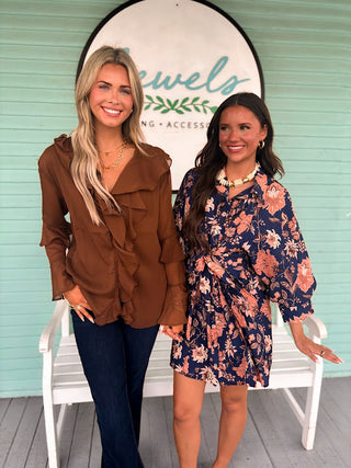 The Tie Ruffled Poet Blouse- Brown