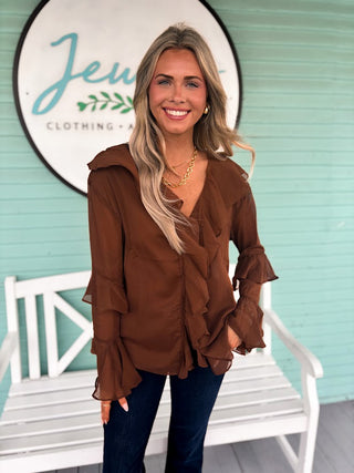 The Tie Ruffled Poet Blouse- Brown