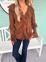 The Tie Ruffled Poet Blouse- Brown