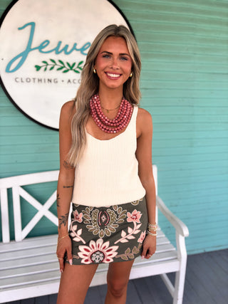 (THML) The Sue Embroidered Flower Skirt- Olive