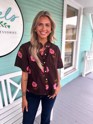 (THML) The Faith Flower Top- Brown