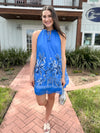 blue dress with palm print 