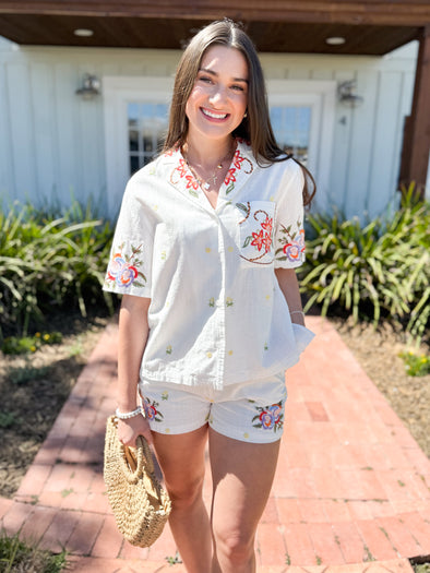 white embroidered short set 
