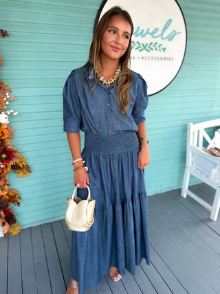 The Aerin Smocked Maxi Skirt-Indigo