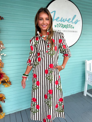 The Rosalina Floral Stripe Midi Dress-Black