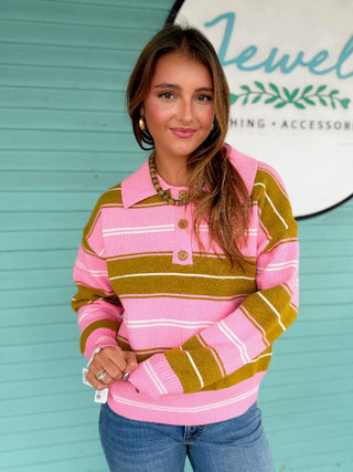 The Heather Stripe Sweater-Pink