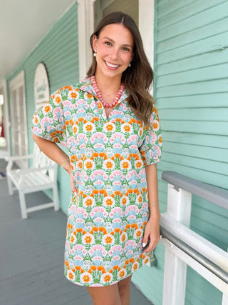 blue dress with floral print 