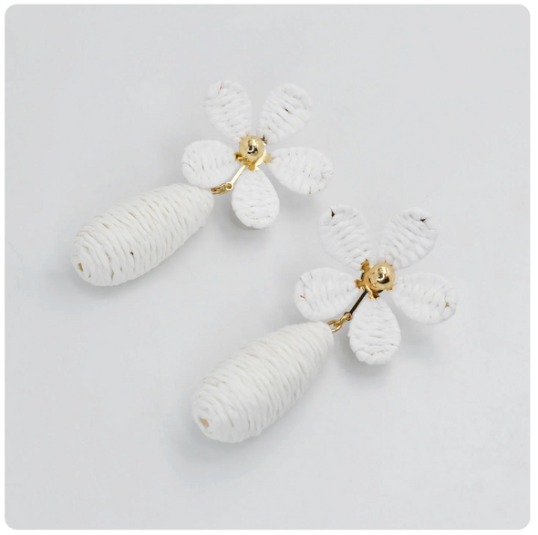White Raffia Flower Earring
