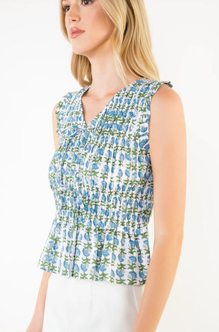 (THML) The Elias Smocked Floral Top-Blue