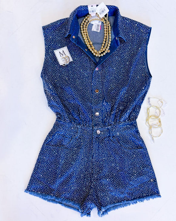 (Queen of Sparkles) Denim Full Rhinestone Romper-Blue