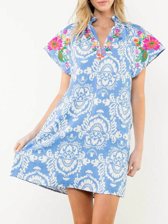 (THML) The Margot Embroidered Dress-Blue