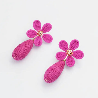 Pink Raffia Flower Earring