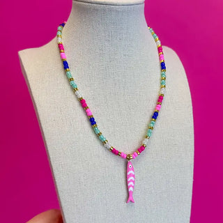 The Multi Bead Fish Necklace-Pink Mix