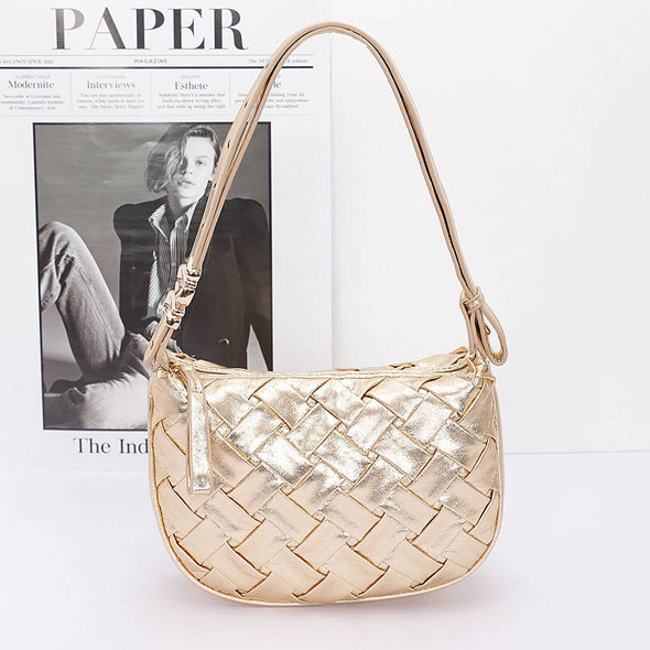 Faux Metallic Leather Braided Embossed Shoulder Bag