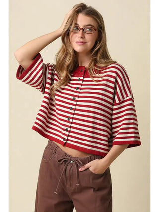The Natalia Stripe Sweater Top-Burgundy