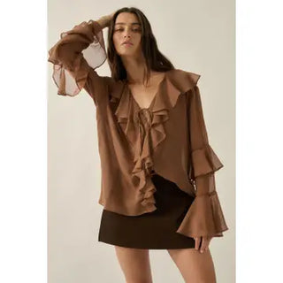 The Tie Ruffled Poet Blouse- Brown