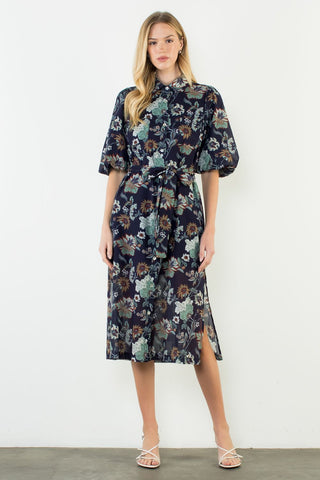 (THML) The Kenlie Floral Button Midi Dress-Navy