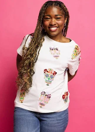 (Queen of Sparkles) Flower Sugar Skull Tee-White