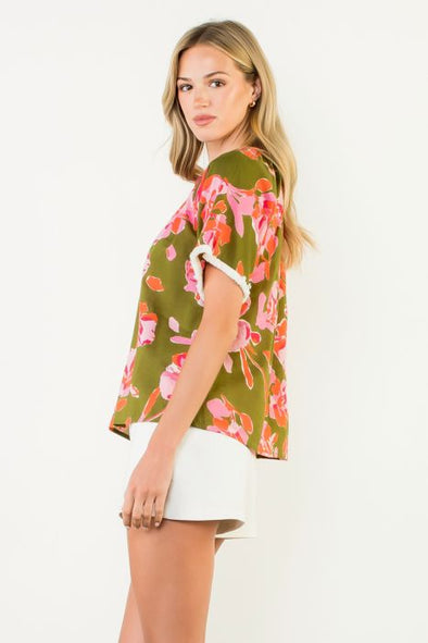 (THML) The Alanis Floral Top-Green