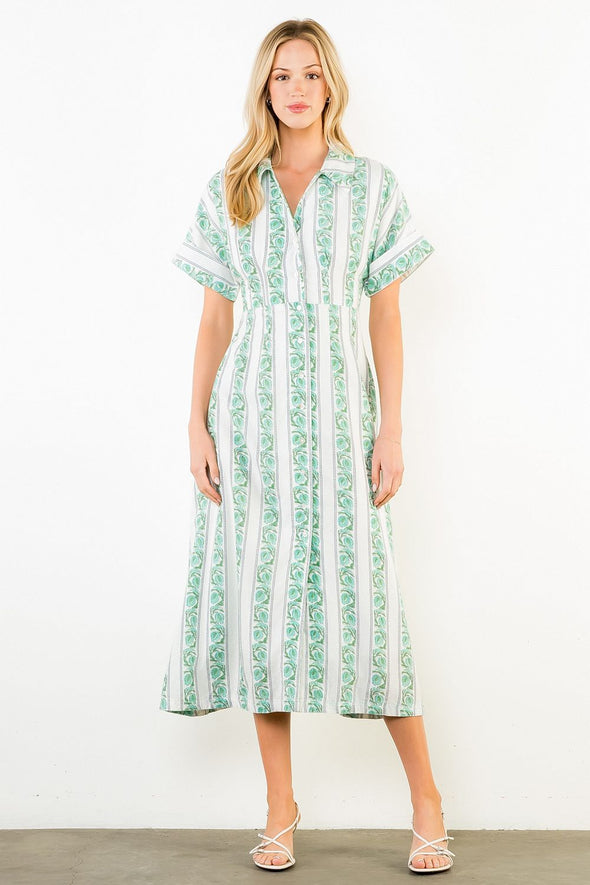 THML) The Kathleen Patterned Midi Dress-Green  Jewels Clothing and  Accessories
