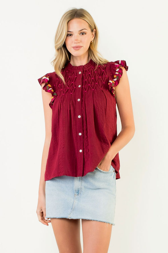 (THML) The Leslie Flutter Sleeve Top-Burgundy