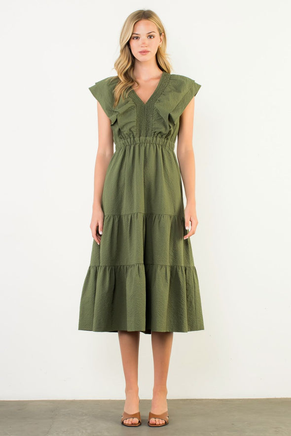 (THML) The Vennie Flutter Sleeve Midi Dress-Olive