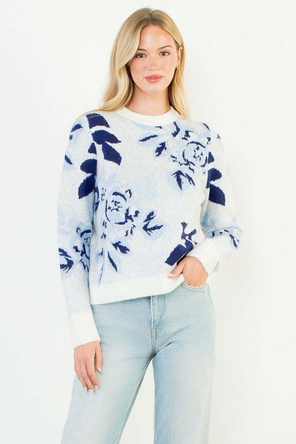 (THML) The Blie Floral Sweater-Blue